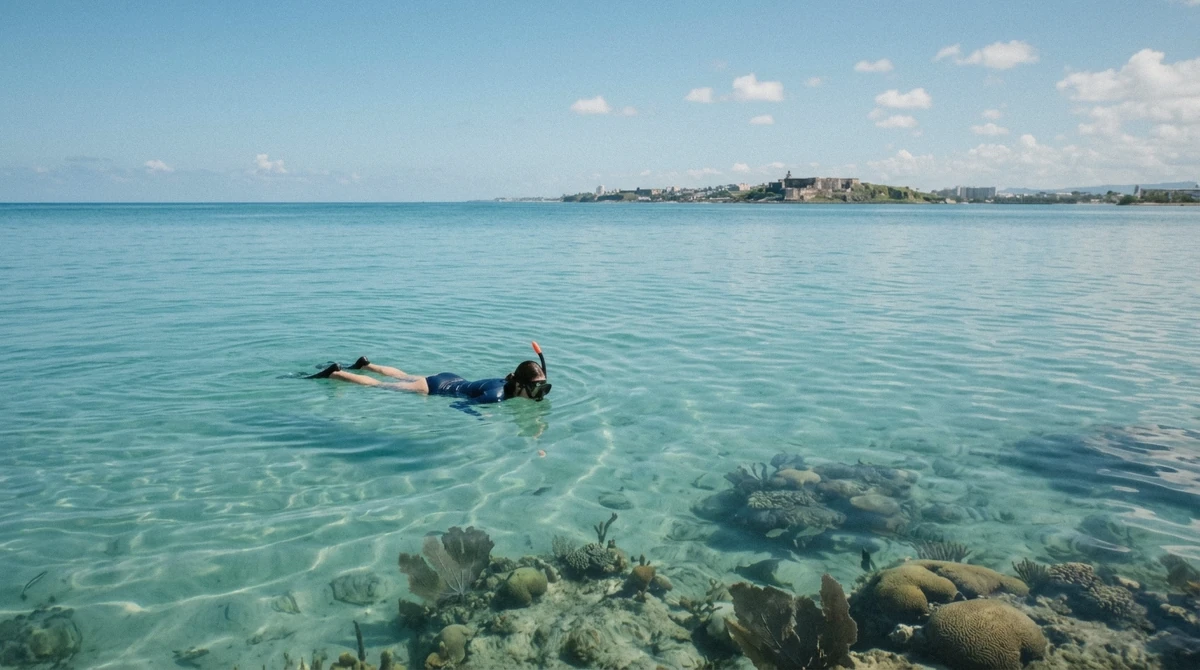 Calm glassy water at Escambron Beach on a clear morning, the best time for snorkeling san juan puerto rico visibility