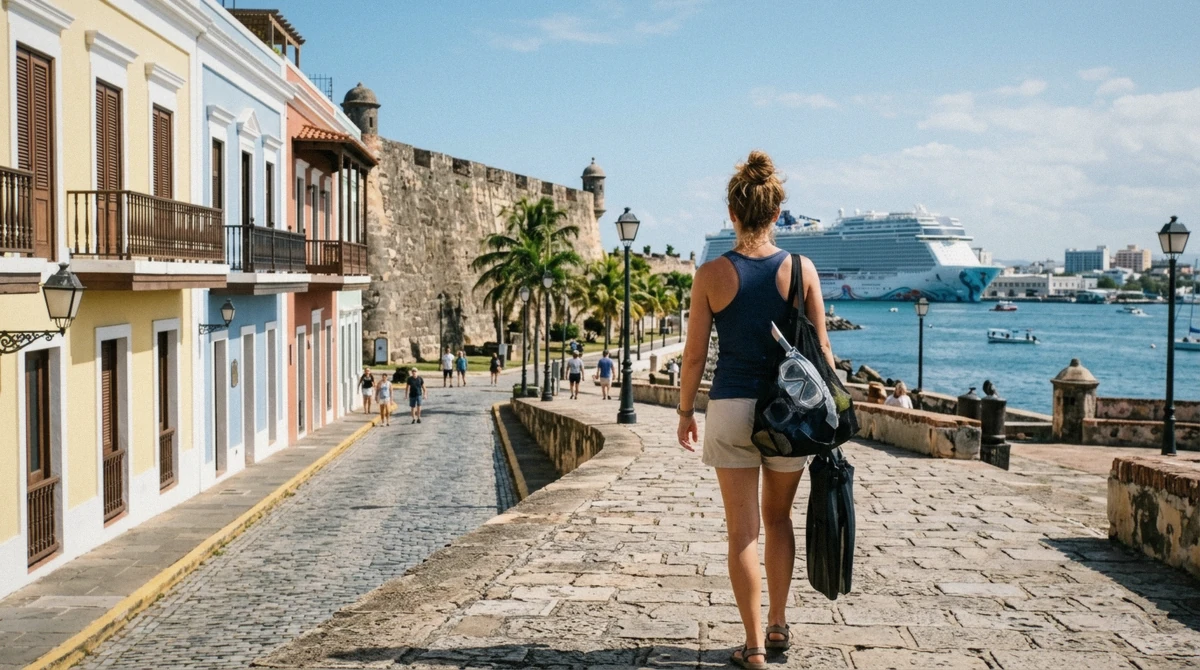 Snorkel gear and a beach bag staged near a cruise pier gangway ahead of snorkeling from the San Juan cruise port