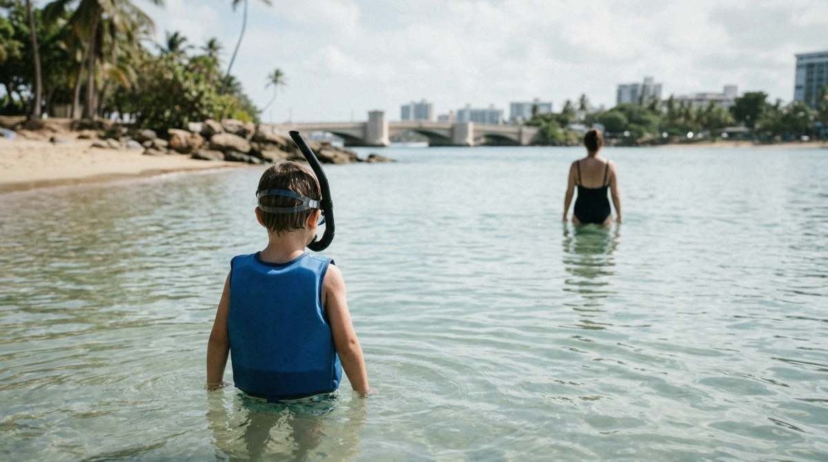 A child wading into the shallow water at Escambron Beach before a snorkeling san juan puerto rico family tour
