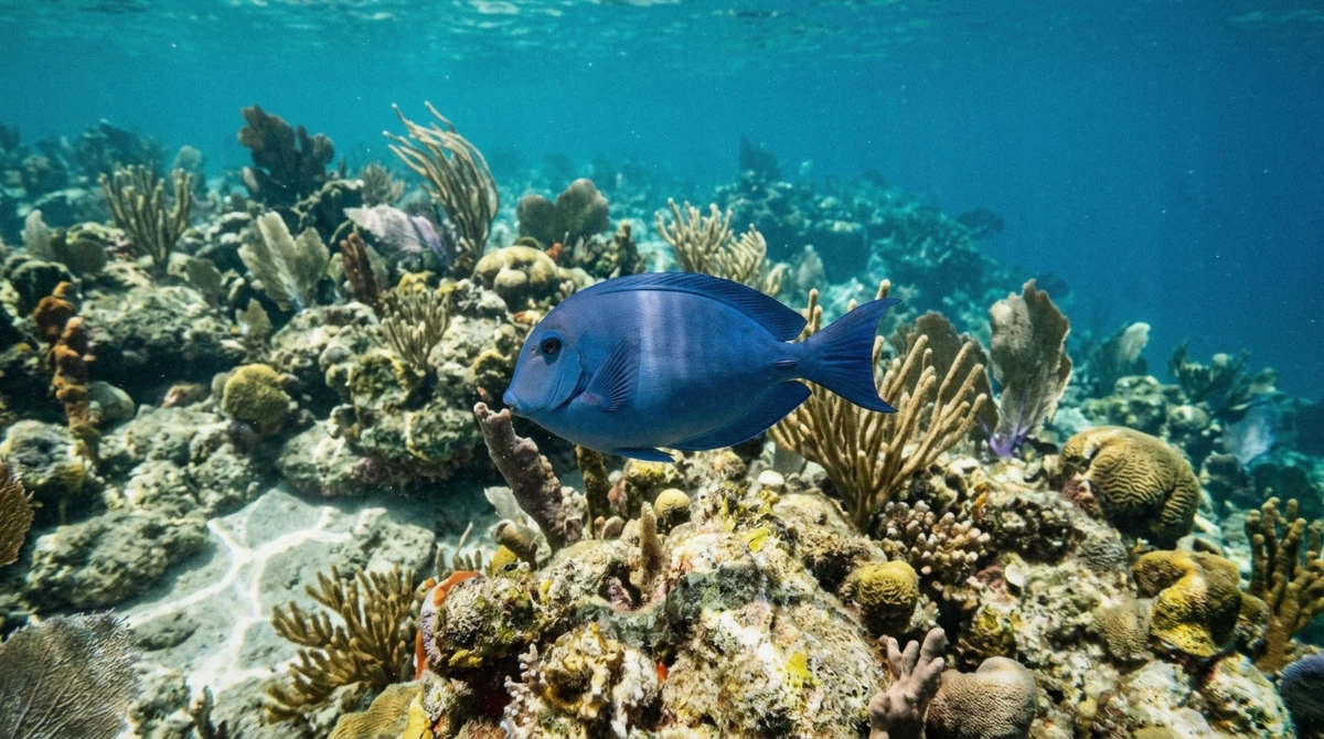 A blue tang over the reef at Escambron Marine Park, the closest snorkeling in San Juan Puerto Rico to the cruise piers