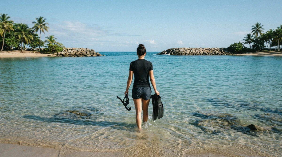A snorkeler wading into calm water at the Escambron beach shore entry, snorkeling san juan puerto rico without a tour
