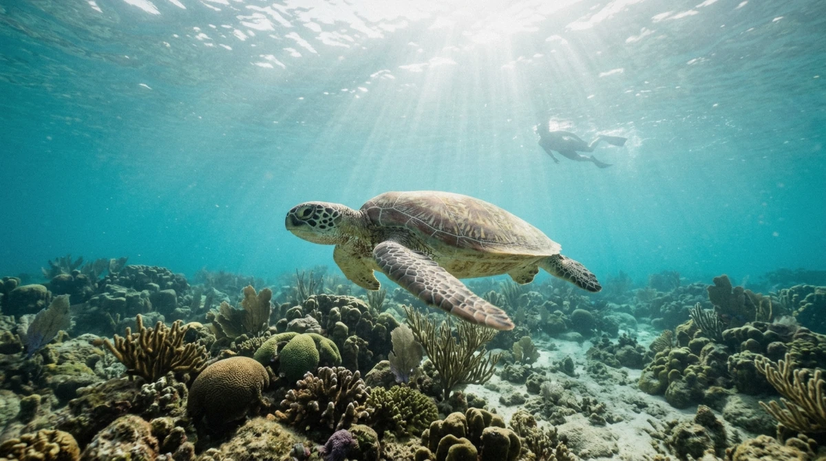 A green sea turtle gliding over the reef at Escambron Marine Park during a snorkeling san juan puerto rico trip