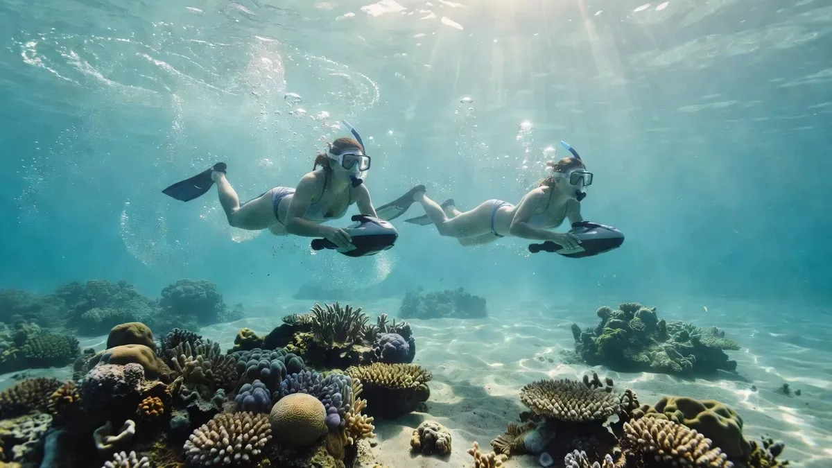 Snorkeler using a jet-powered board to glide over coral reef while spotting sea turtles on a San Juan Puerto Rico snorkeling adventure