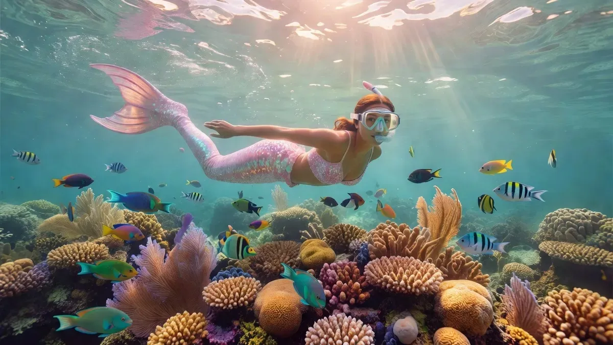 Participant wearing a mermaid tail snorkeling underwater with tropical fish at Escambron Beach on a unique San Juan Puerto Rico snorkeling experience